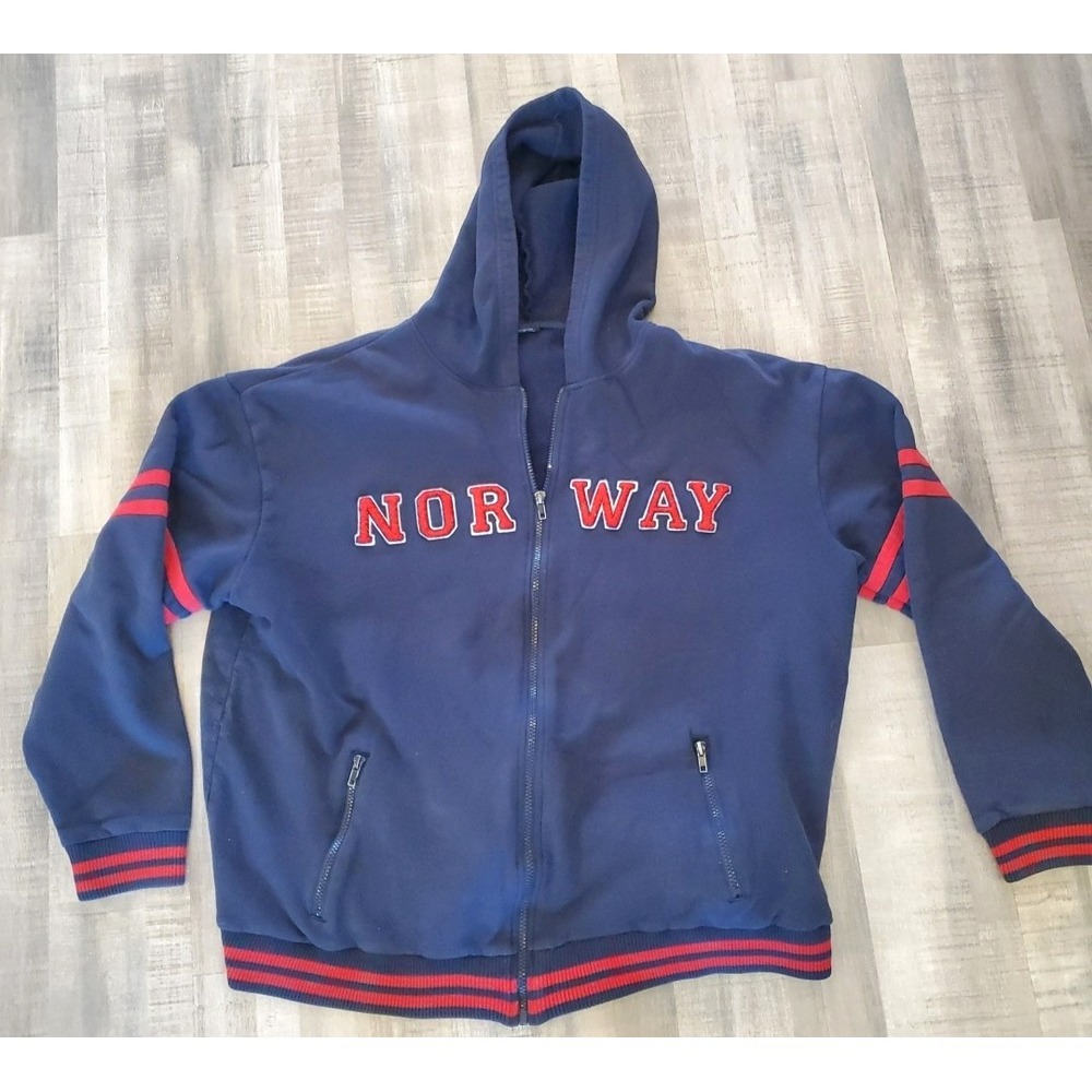 Rokk Norwegian Brand Blue Hoodie Full Zip Jacket XL Pockets Stripes Embroid‎ VTG